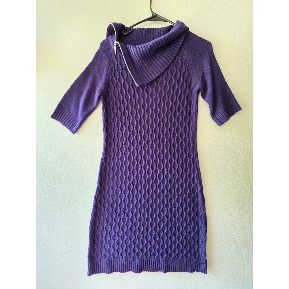 Studio I Petite Purple Zip Cowl Neck Sweater Dress Short Sleeve Wavy Knit SMP
